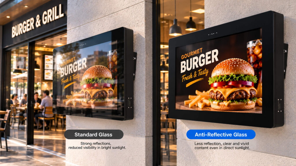 Standard glass versus anti-reflective glass on outdoor digital signage