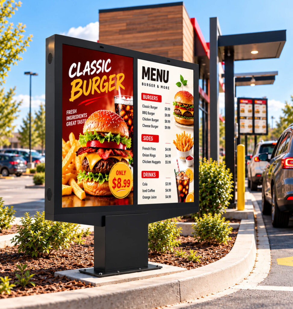 Advertising graphics versus small menu text on outdoor digital signage