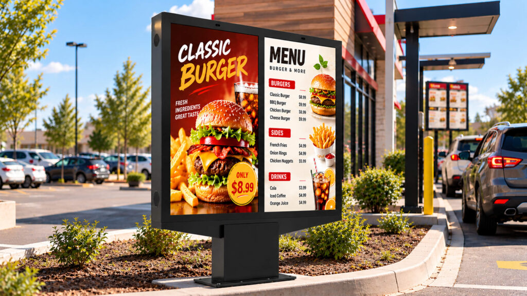 Advertising graphics versus small menu text on outdoor digital signage