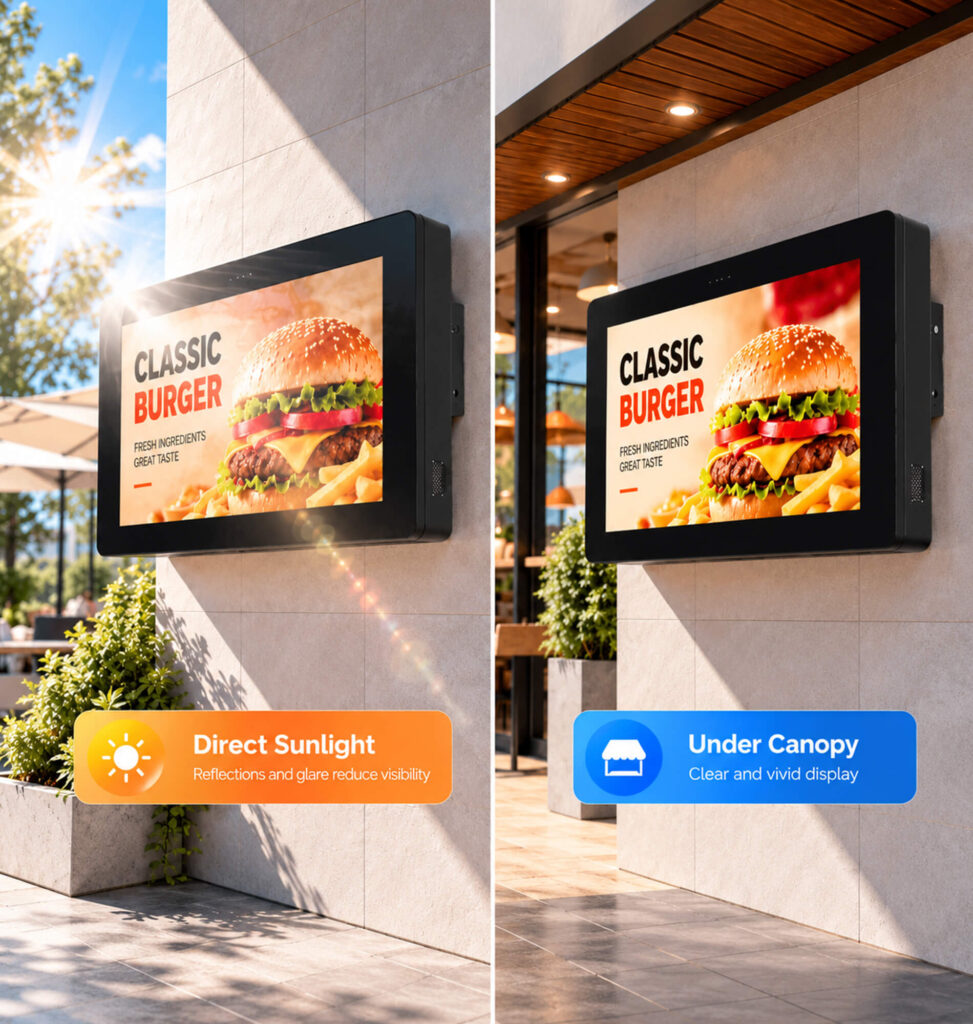 Direct sunlight versus canopy shade affecting outdoor digital signage readability