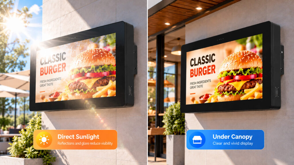 Direct sunlight versus canopy shade affecting outdoor digital signage readability