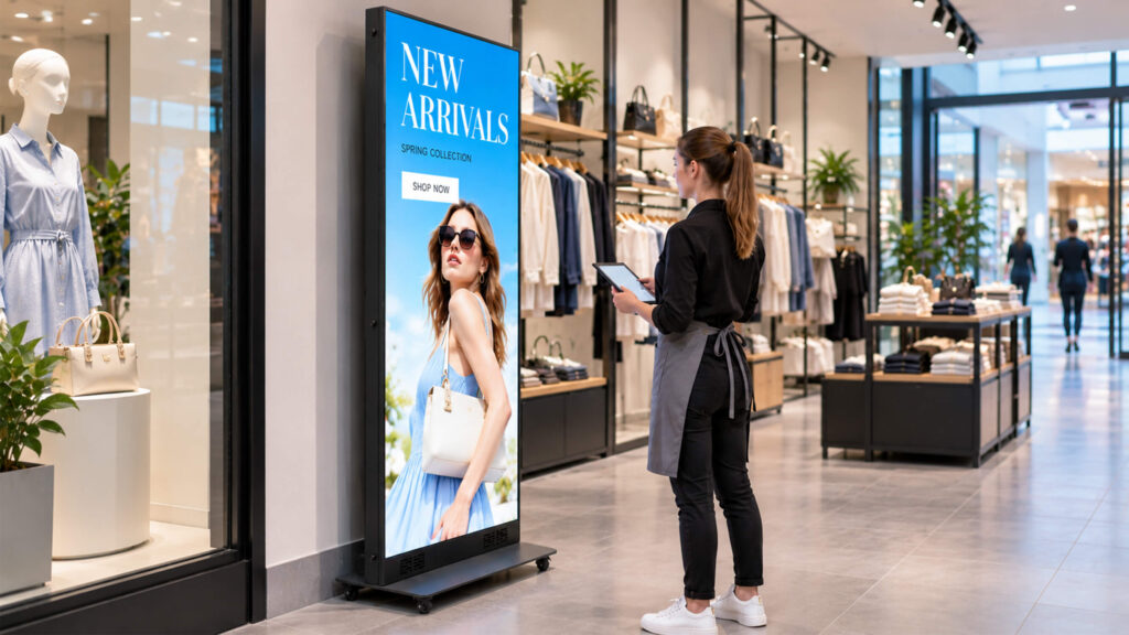 Store employee holding a tablet beside an LED poster display showing a new arrivals promotion