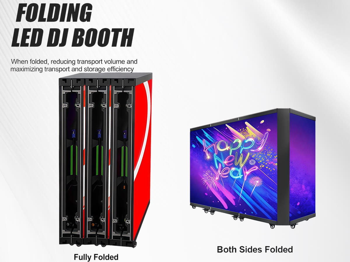 YINGLUX 6-Fold LED DJ Booth foldable design: fully expanded, both sides folded, fully folded