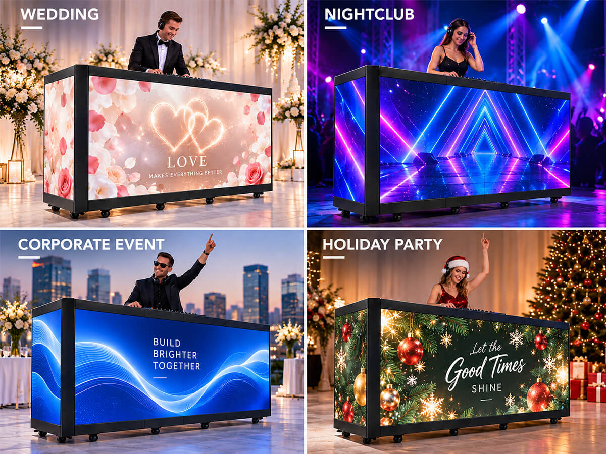 YINGLUX Outdoor 6-Fold LED DJ Booth application scenes: wedding, nightclub, corporate event, holiday party