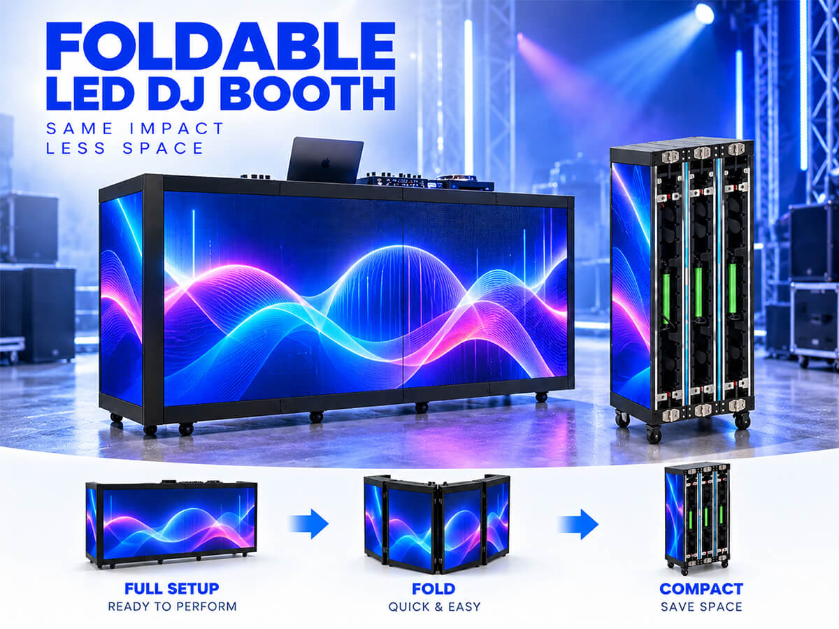 YINGLUX Outdoor 6-Fold LED DJ Booth foldable design: full setup, fold, compact